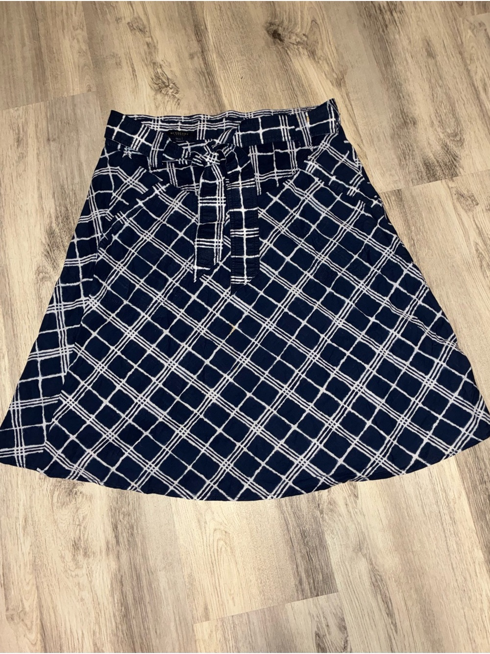 Burberry Navy and White Plaid A-Line Skirt with Tie Waist
